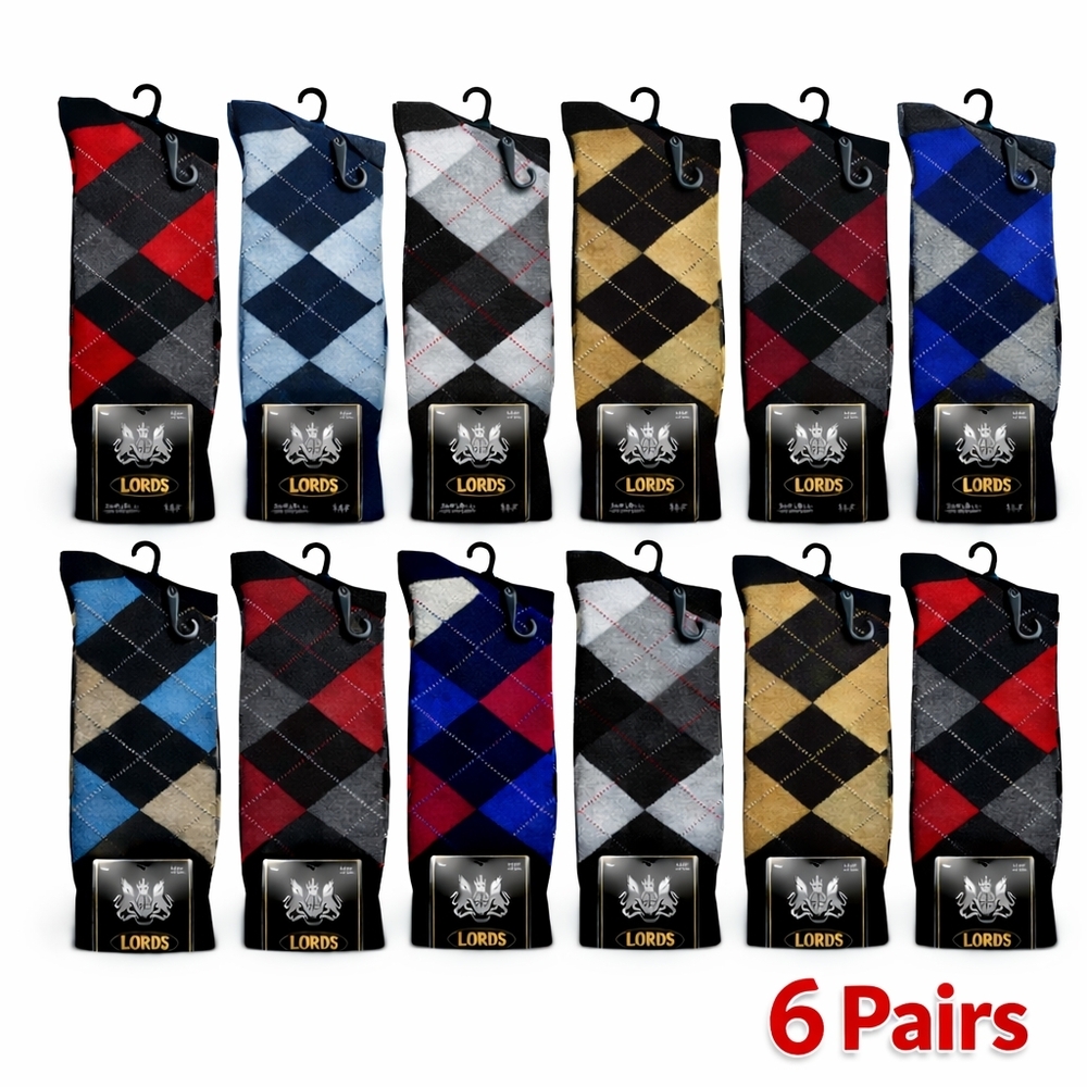 6 Pairs Men’s Argyle Dress Socks Cotton Blend Classic Colors New Size 10-13